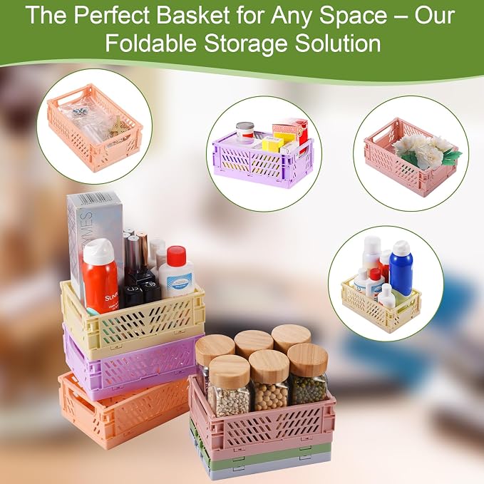 HUUSMOT 2-Pack Collapsible Plastic Storage Baskets, Pink, 9.8"x6.5"x3.8" | Pastel, Space-Saving, Collapsible Plastic Bins, Cute Mini Storage Crates, for Classroom, Kitchen, Office, Bedroom