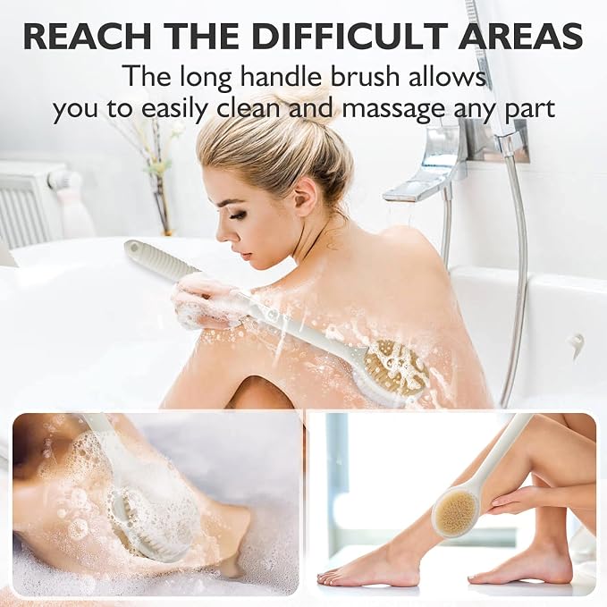 VANZAVANZU Back Scrubber for Shower, 17 Inch Long Handle Back Brush, Dual-Sided Bath Brush, Anti-Slip Handle Shower Brush for Wet or Dry Brushing (Cream White)