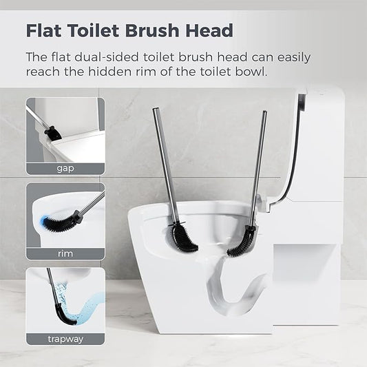 Sineng Silicone Toilet Brush and Holder Set, Stainless Steel Toilet Cleaning Brush, One-Piece Long Handle, Flexible Compact Modern RV Toilet Bowl Brush for Bathroom