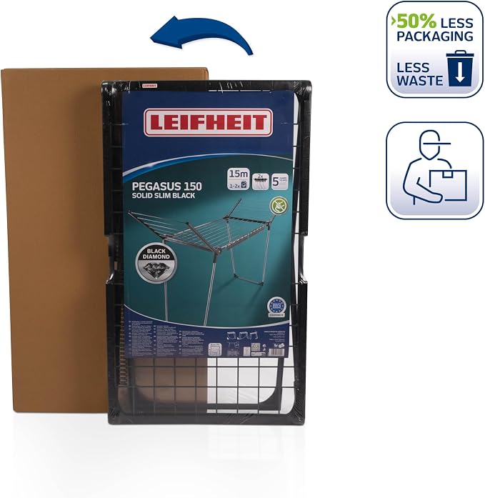 Leifheit Pegasus 150 Solid Slim Black Edition Clothes Airer, Stable Tumble Dryer, Long Wings, Particularly Compact Wing Balcony Airer that Goes Through Narrow Doors