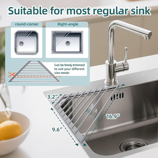Ohuhu Triangle Roll Up Dish Drying Rack, Silicone Wrapped Steel Anti-Slip Sink Corner Rack Caddy Multipurpose Strainer for Kitchen Sink Trivet Space-Saving