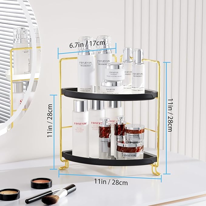 FSyueyun 2-Tier Corner Bathroom Counter Organizer, Tool-Less Installation Vanity Shelf Small Plastics Countertop Makeup Tray Skincare Perfume Organizers (Gold & Black)