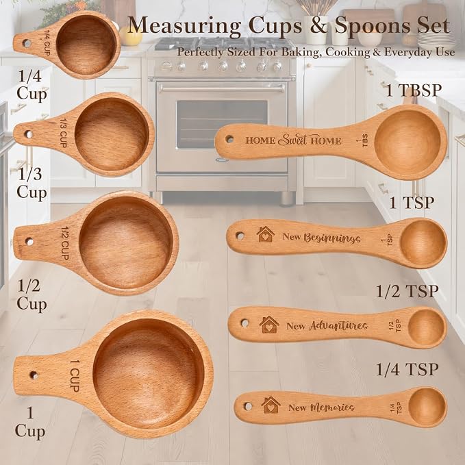 House Warming Gift New Home, Wooden Measuring Cups and Spoons Set, Housewarming Basket for Homeowners Couple Women, Closing Gifts for Home Buyers, First Apartment Kitchen Gadgets for Cooking & Baking