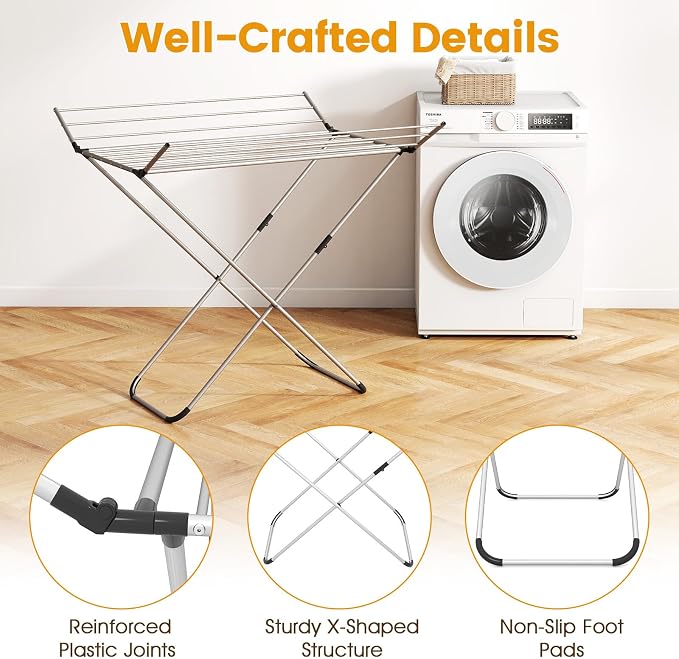Giantex Foldable Clothes Drying Rack, Freestanding Aluminum Laundry Drying Rack with 2 Side Wings, Portable Space-Saving Clothing Airer for Indoor Outdoor Use