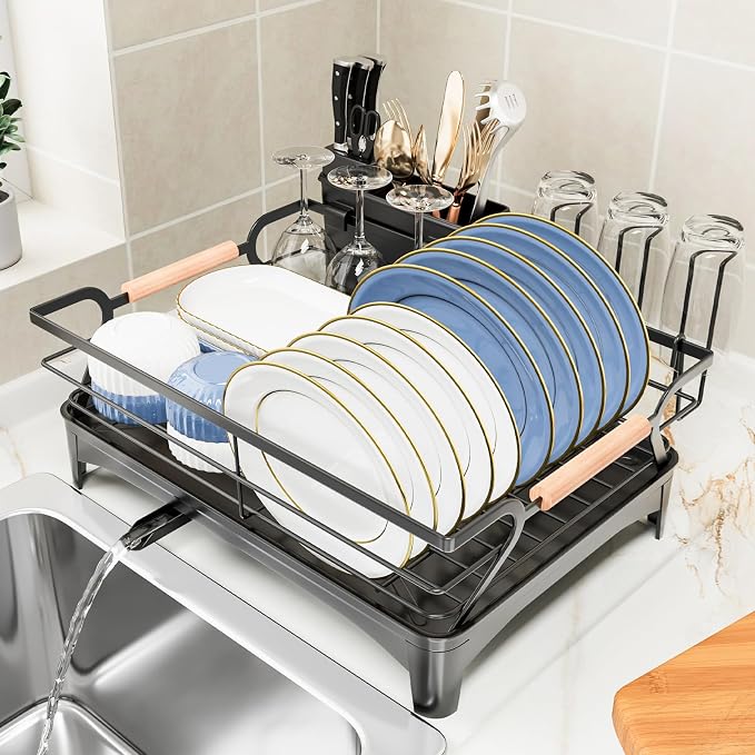 Dish Drying Rack,Space Saving Dish Drainer for Kitchen Counter & Sink,Black | Rustproof,Riser Feet,Wooden Handle,Cup Holder & Knife Slots,Expandable Spout,Auto-Drainage System,Sink Storage Organizer