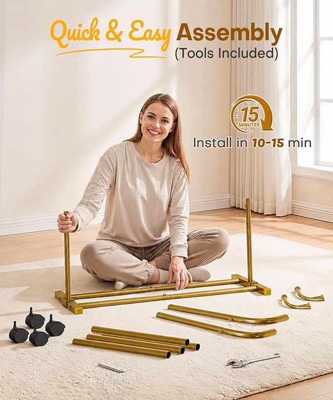 Homde Rolling Clothes Rack with Hooks: Standing Garment Storage for Indoor - Hanging Rod for Bedroom Laundry Room - Coat Dress Organizer on Wheels with luggage shelf (Gold, 31.5")