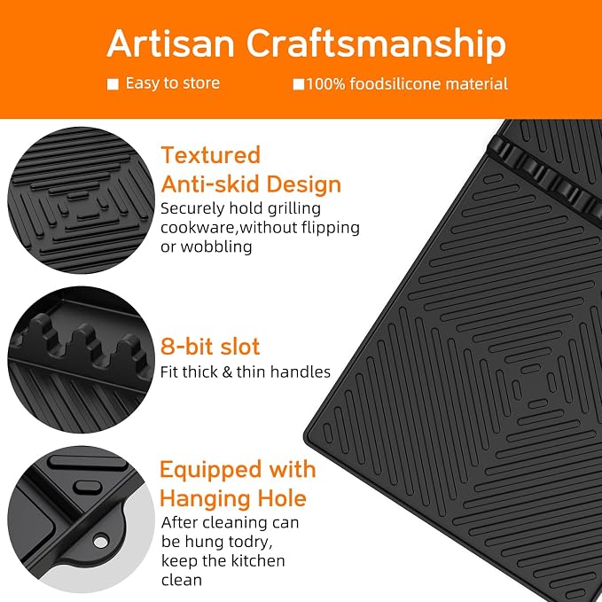 Griddle Mat Barbeque Grill Accessories Tools for Blackstone, Side Shelf Mat Grill Pad for Outdoor Grill Kitchen Counter Spatula Silicone Mat with Drip Pad for Kitchen, Cooking, Countertop (Black)