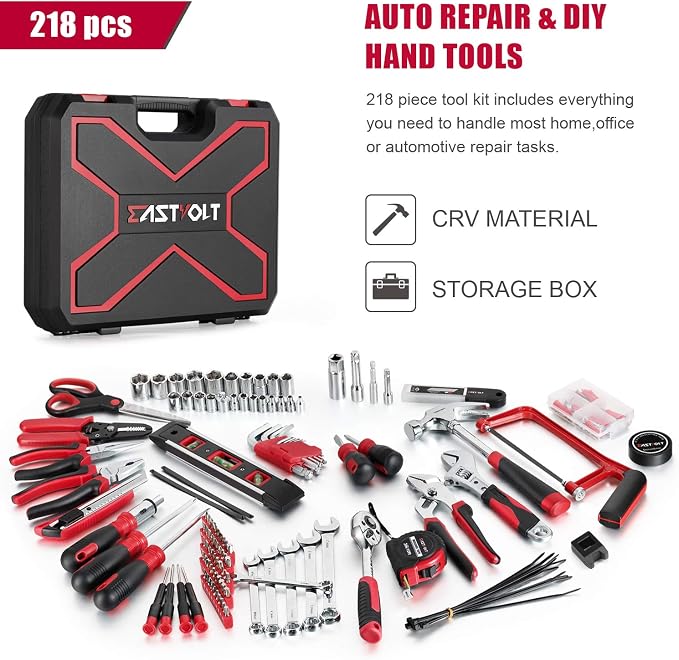 Eastvolt 218-Piece Household Tool Kit, Auto Repair Tool Set, Tool Kits for Homeowner, Plier, Screwdriver Set, Socket Kit and Toolbox Storage Case,Black + Red (Pack of 3)