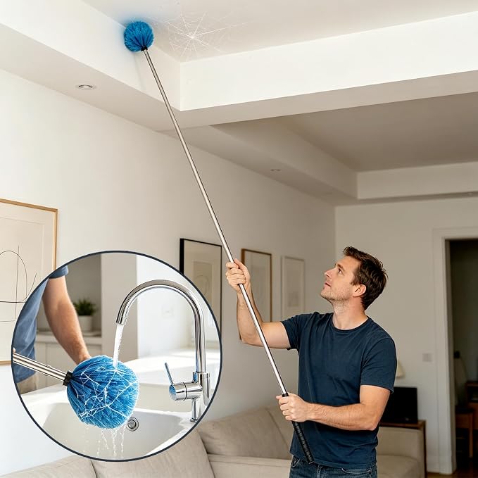 9FT Cobweb Duster with Extension Pole, Stiff Bristles & Adjustable Handle – Lightweight Dust Cleaner for Ceiling, Walls, Vents, Eaves – Indoor & Outdoor Use, Reusable Washable Head, Cleans Up to 16FT