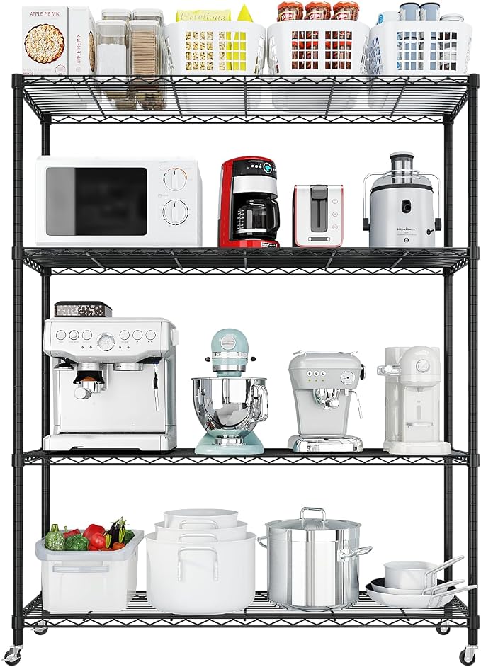 Karl home Black 4-Tier Wire Storage Shelving with 2" Wheels, 800LBS | Heavy Duty 800LBS Capacity Metal Shelving Rack on Rolling Wheels, 64.96"H x 46.06"W x 17.7"D for Garage, Kitchen