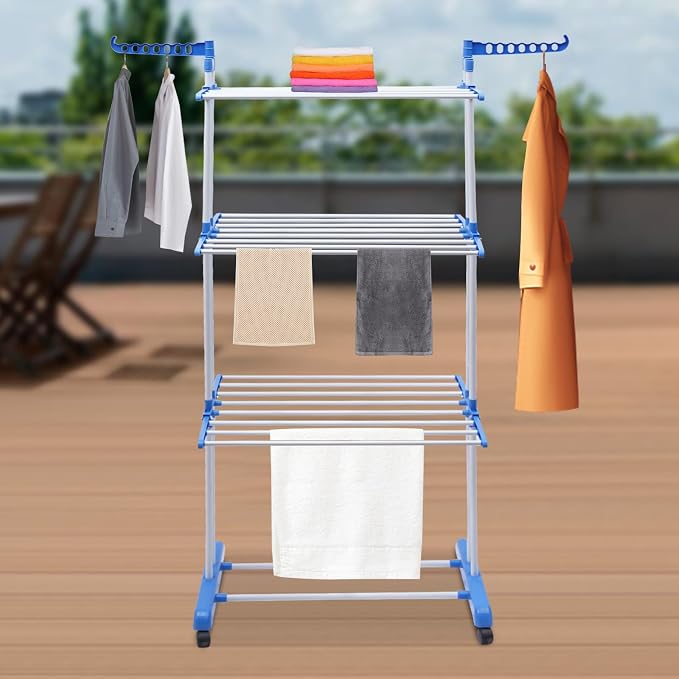 Foldable Clothes Drying Rack Stand 4-Tier,Garment Rolling Dryer Hanger with 4 Wheels,Easy to Assemble, Indoor Outdoor Use(Blue)