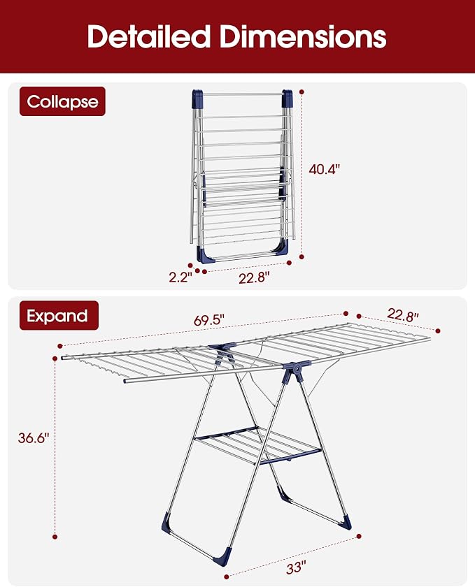 Sakugi Clothes Drying Rack, 69.5" Adjustable Wings, Foldable Design | Laundry Room, Bedroom, Outdoor & Indoor Use, Height Adjustable, Collapsible, Silver Blue, 69.5" L × 22.8" W