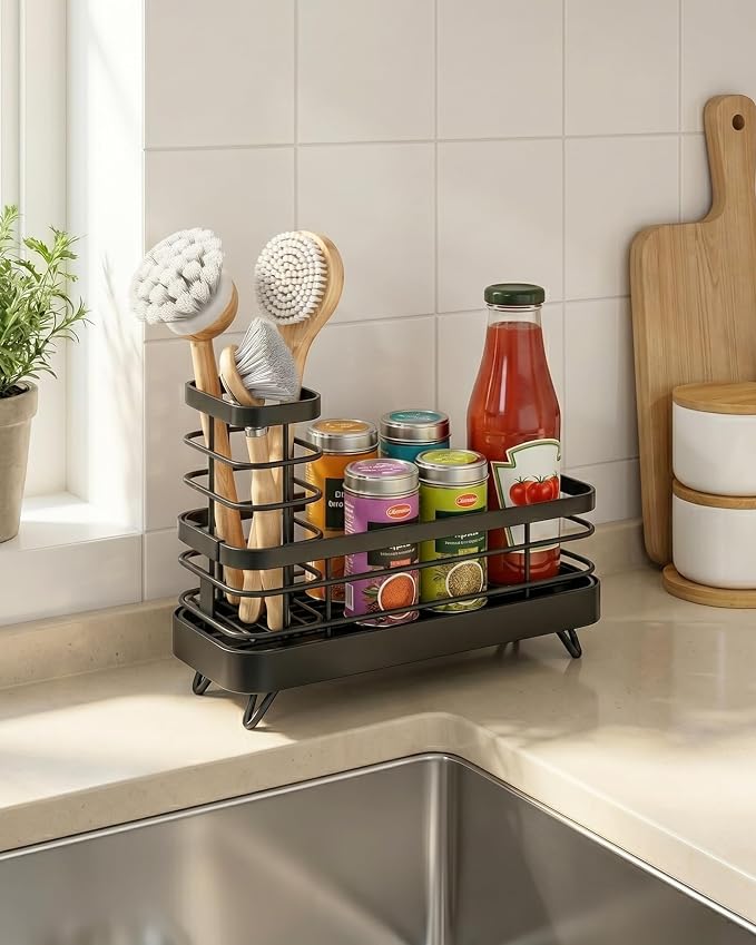 Kitsure Sponge Holder for Kitchen Sink, Self-Draining Sink Caddy, Sink Organizer with Rotating Drain Spout and Movable Brush Holder for Narrow Countertops (Black, 7.9" x 3.5" x 5.6")