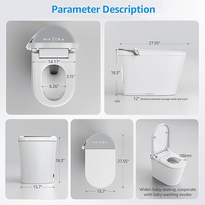 Smart Toilet with Bidet Built-In, Auto Open and Close, Elongated Bidet Toilet with Foot Sensor Flush, Heated Seat, Warm Water, Air Dryer, Foam Shield, Tankless Dual Flush & Remote Control