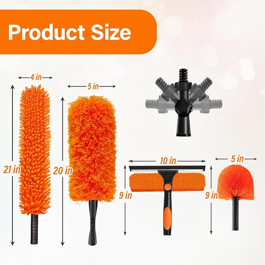 20FT High Reach Duster with Extension Pole 3-12FT, 4-in-1 Cleaning Kit with Universal Swivel Joint, High Ceiling Fan Cleaner Duster, Cobweb Duster, Microfiber Feather Duster and Window Squeegee