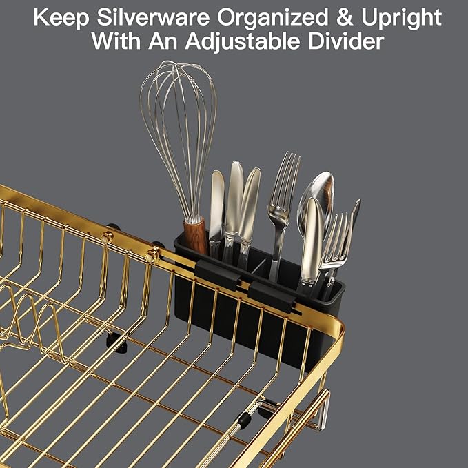 MAJALiS Gold Dish Drying Rack Over The Sink with Utensil Holder, Mat | Expandable Stainless Steel Dish Drainer for Small Kitchen, Apartment, RV, Counter Space Saving, Perfect Fit, Rustproof