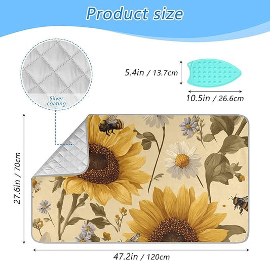 Ironing Mat Pad for Table Portable Travel Iron Blanket Ironing Board Covers Pressing Mat Heat Press Pads 27.6x47.2 Inches Beige Sunflowers and Daisy Bees32