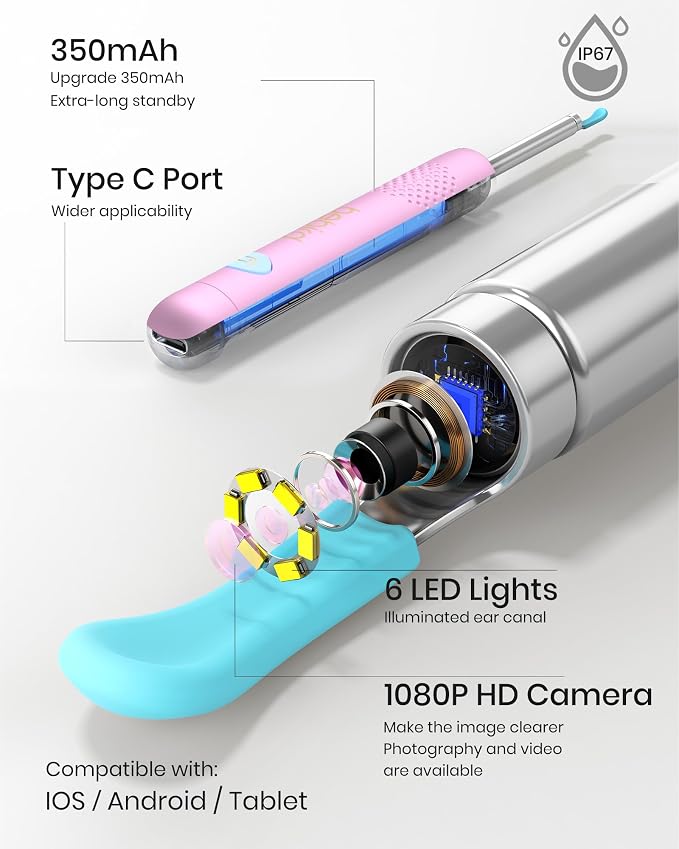 BEBIRD R1 Wax Removal Tool for Ear - Spade Ear Canal Cleaner with Camera 1080P Earscope, Wax Remove Ear Picker with Vari Replacement Tips, Camera with 6LED Light, Pink