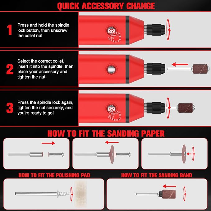 Mini Cordless Rotary Tool, Multi-Purpose Power Rotary Tool Kit (Red) | 67 Accessories, Variable Speed, USB-C Charger, for Engraving, Sanding, Polishing, Grinding, DIY Crafts
