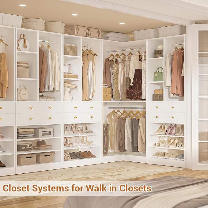 Besiost Closet System with 4 Drawers and Hanging Rods, 59.5"L / 87"L Closet Organizer System with Corner Tower, L Shaped Walk-in Closet System, Corner Closet System with Shelves, Set of 3, White