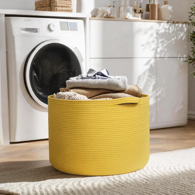 MEGASKET Extra Large 115L Yellow Basket, 23.6" x15.7 Cotton Rope Yellow Decor for Living Room Bedroom, Woven Basket for Blanket, Laundry, Towel, Shoe, Kids Toy Box Organizer, Room Decor Storage Bin