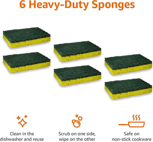 Amazon Basics Heavy Duty Scrub Sponges,Dual-Sided Design,Yellow/Green, 36 Count (6 Packs of 6), Packaging May Vary