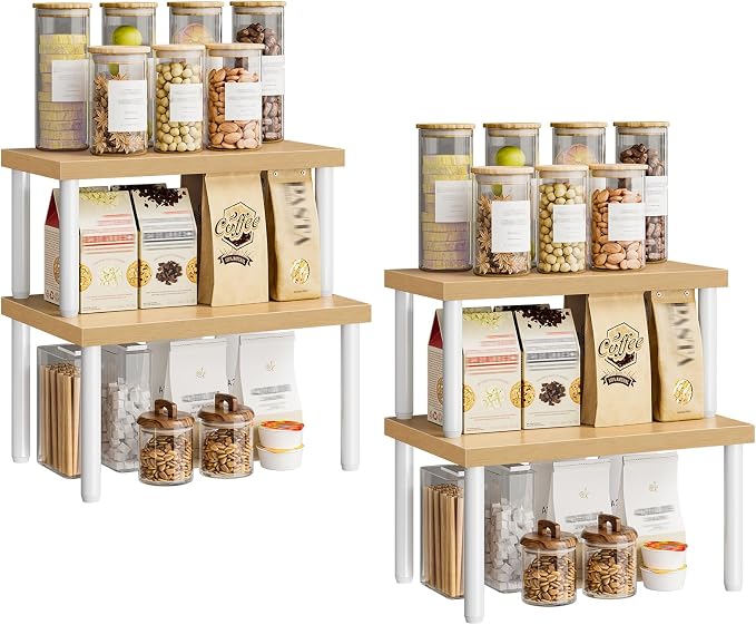 HOOBRO Cabinet Organizer Shelf, Set of 4, Kitchen Countertop Organizer, Kitchen Storage, Spice Rack for cabinet, Stackable, Expandable, for Countertop,kitchen,cabinet, White and Natural WN15TLP201