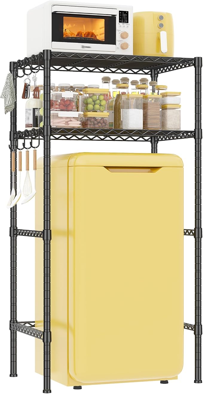 REIBII Mini Fridge Shelf with Storage, 2-Tier Adjustable Metal Shelving Unit with 8 Hooks,176 LBS Heavy Duty Organizer Rack for Dorm Room,Apartment, Kitchen and Office,52.36" H x 26.38" W x 18.1" D