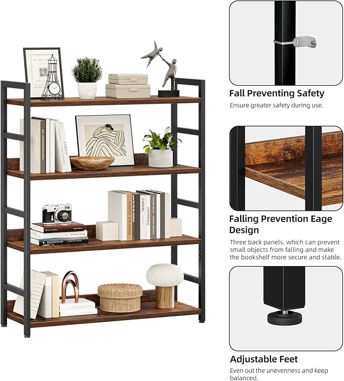 NUMENN Wide Bookshelf, 4 Tier Freestanding Shelving Unit, Vintage | Metal Frame & Wood Shelves, Falling Prevention Baffle, Open Storage Bookcase for Bedroom, Living Room & Home Office