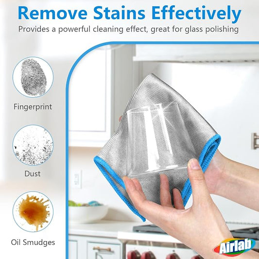 Airlab Glass Polishing Cloth Streak Free Miracle Cleaning Cloth Lint Free Microfiber Cleaning Rags for Glasses Kitchen Dish Mirrors Easy Clean, Pack of 6, 12" x 12", Sliver-Blue