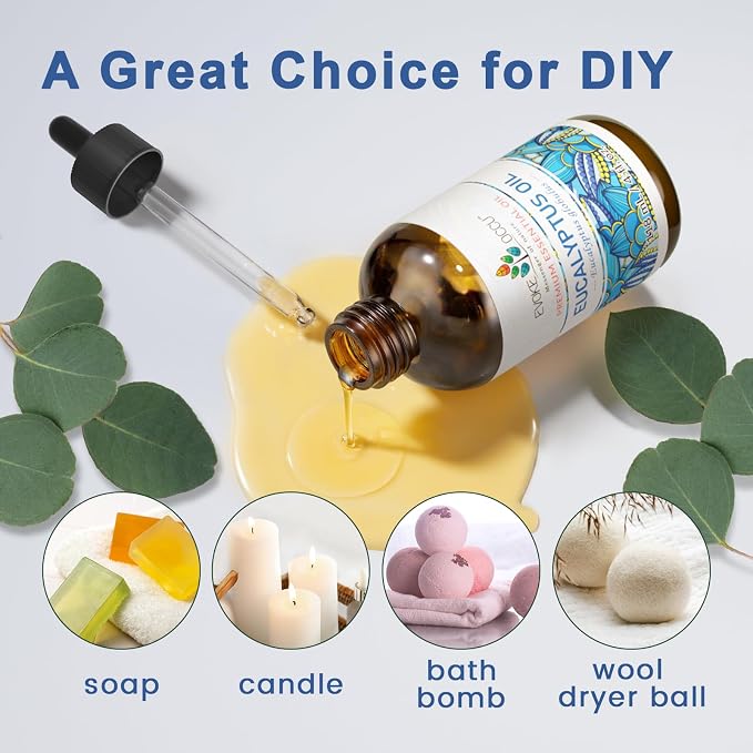 EVOKE OCCU Eucalyptus Essential Oil for Diffuser, Aromatherapy & Shower | Essential Oil with Glass Dropper for Humidifier, Clear Breath, Spray, Soap and Candle Making -118ml / 4 fl oz