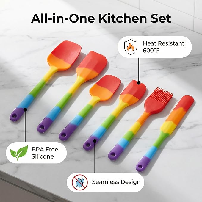 6-Piece Silicone Spatula Set, Non-Stick & Stainless Steel Core, BPA-Free, Dishwasher Safe Kitchen Utensils for Baking, Cooking, Mixing