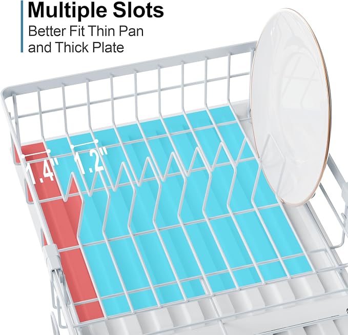 GSlife Expandable Dish Drying Rack - Countertop Drainer, 12-20.5", White | Compact Extendable Design, Swivel Drain Spout, Cup and Utensil Holder, for Small Kitchen, RV, Countertop Dish Drainer Tray