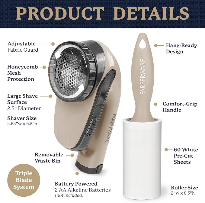 Farberware Fabric Shaver & Lint Roller Set, Large, Portable | Sticky sheets lift pet hair and dust, triple-blade design restores fabrics to like-new condition, for clothing and bedding