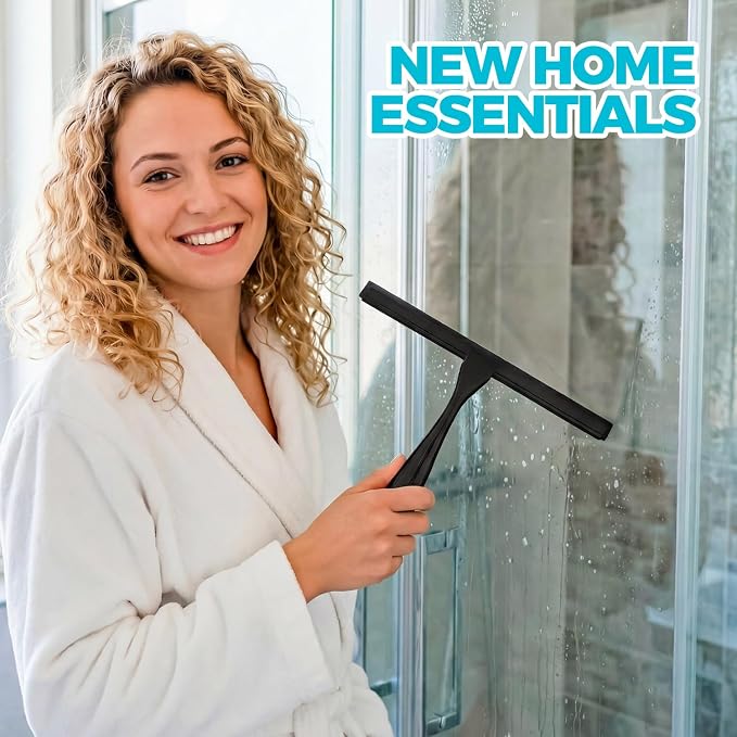 ALFLOD 2pcs Shower Squeegee for Glass Doors with Adhesive Hanging Hook Set | 10” black, bathroom accessories, window cleaner, new home essentials, soft rubber blade, metal handle, ergonomic grip