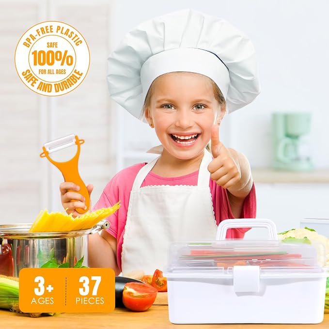 Kids Cooking Sets Real, Kids Cooking and Baking Gift Set with Storage Case Timer Kid Safe Knives Cutting Board, Toddler Real Kitchen Accessories, Birthday Gifts for Girls Boys Age 3 - 8
