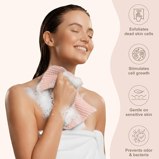 Yiclick Dual-Textured Exfoliating Washcloth Towel - Back Scrubber for Use in Shower Bath, Exfoliating Body Scrubber Exfoliator, Japanese Exfoliate Loofah Lufa Sponge Wash Cloth for Women Men