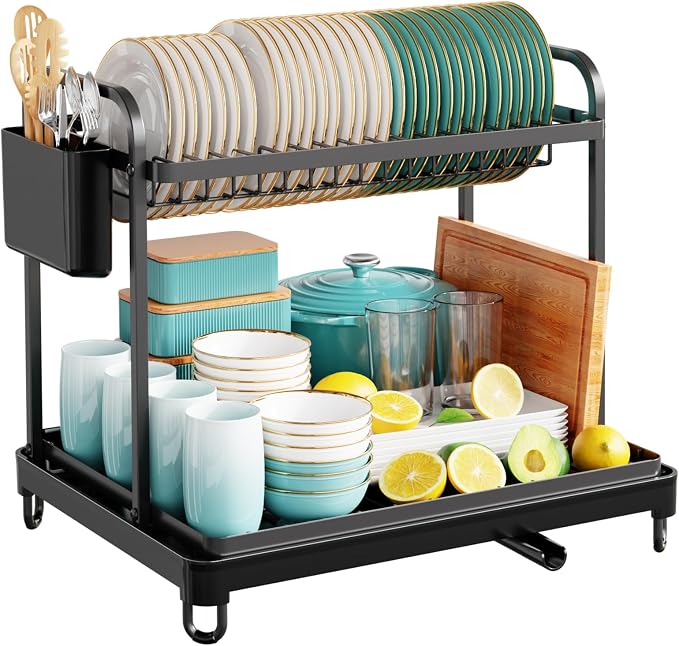 Sakugi Dish Drying Rack 2-Tier 16.7" x12.7" x15.8" Black Double Rod | Kitchen, Sink Counter, Stainless Steel, Counter Top, Utensil Holders, Cutlery Holder, for Small Family, Easy to Clean