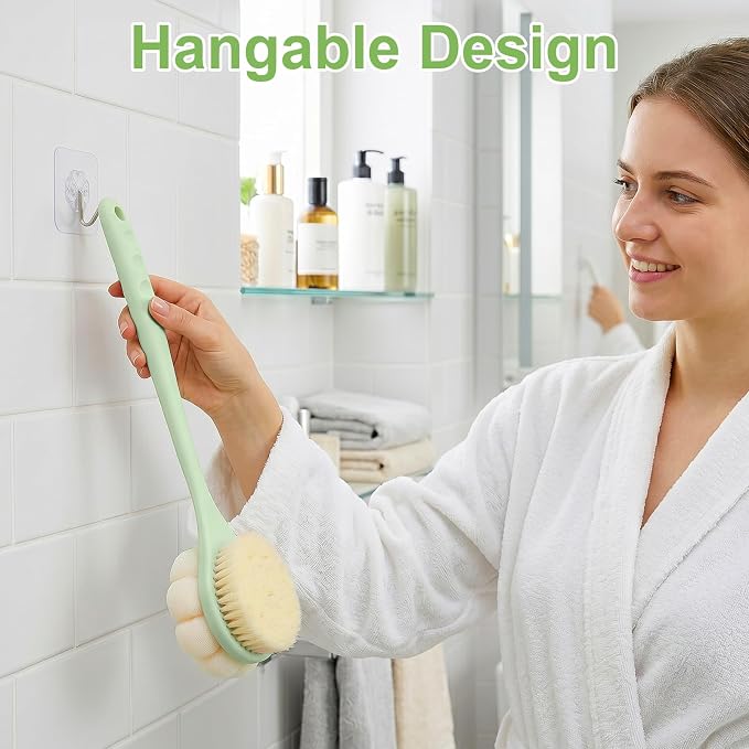 Back Scrubber for Shower with Long Handle, Double-Sided Shower Brush for Body, Loofah Back Scrubber & Bristle Bath Brush, Back Brush for Shower Exfoliating Hard-to-Reach Areas, Bath Brush Long Handle
