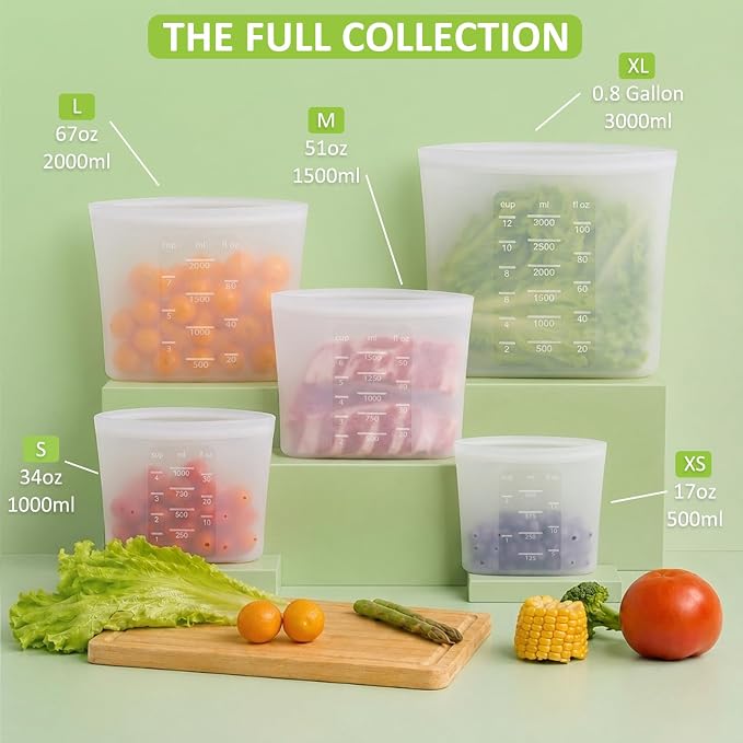 100% Silicone Reusable Storage Bag Quart Size, 6 Pack Stand-Up Wide-Mouth Zip-Lock Food Storage Bags, Easy-Fill Easy-Open Easy-Clean Space-Saving, Microwave & Dishwasher Safe, 34oz, Translucent