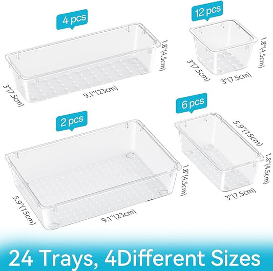 ElegantArray 24 PCS Drawer Organizer Set, 4 Sizes Tool Storage Trays, Clear Plastic Makeup Vanity Organizer and Storage Bins for Makeup, Stationeries, Multiple Gadgets for Bathroom, Office, Bedroom