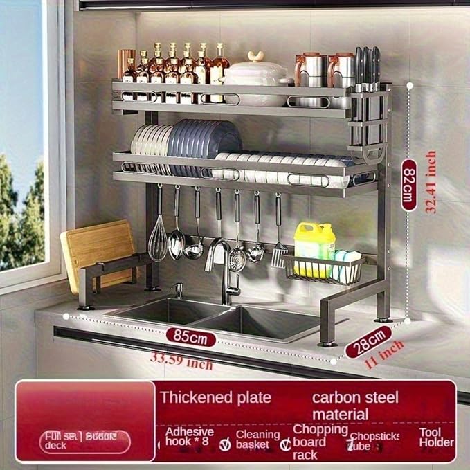 3-Tier Over Sink Dish Draining Rack Adjustable Width and Height with Phone Holder Cup Holder, Knife and Chopstick Holder, Cutting Board Rack, Space-Saving Rack