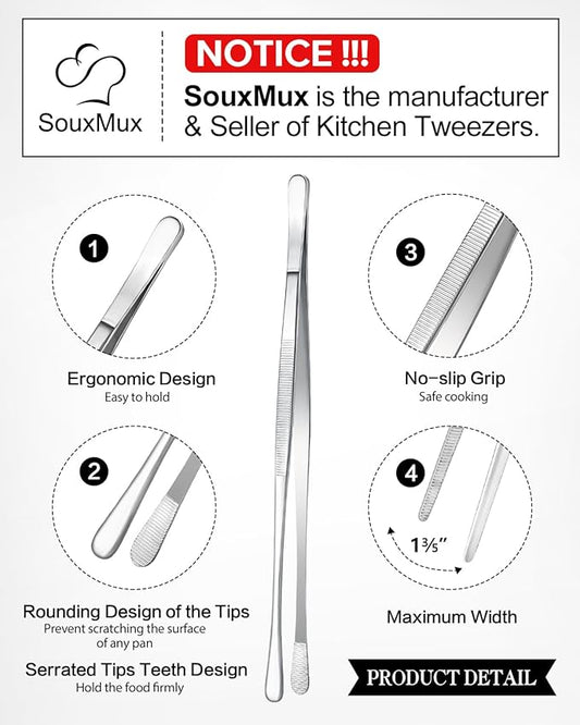 2 Pcs 12-inch Cooking Tweezers Tongs Precision Serrated Tips, Stainless Steel Professional Chef Tweezer Kitchen Tools for BBQ, Plating and Serving(Silver)