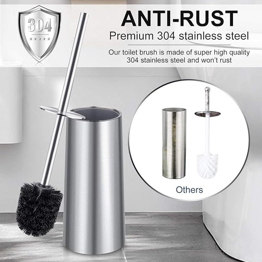 Toilet Brush and Holder, 2 Pack Toilet Brush with 304 Stainless Steel Long Handle, Toilet Bowl Brush for Bathroom Toilet-Ergonomic, Elegant,Durable (Silver)