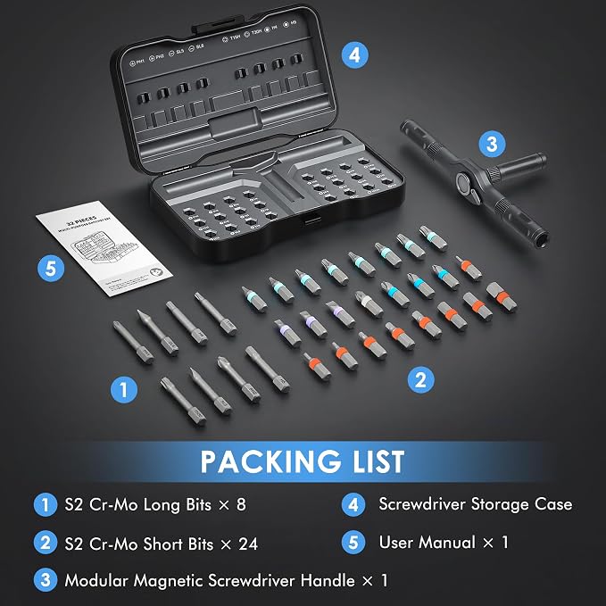 Asnish 34 in 1 Magnetic Screwdriver Set with Ratcheting Multi Bit | Repair Tool Kit with Interchangeable Bits, Precision Hand Tools for Electronics, Computer, Bike, Furniture & DIY Projects