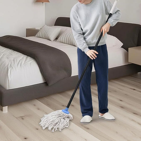 Indoor Mop for Floor Cleaning - Cotton Mops for Floor Cleaning, Regular Mop for Floors, 49-inch Simple Mops for Cleaning Living Rooms, Bathrooms, and Kitchens. (White&Blue)