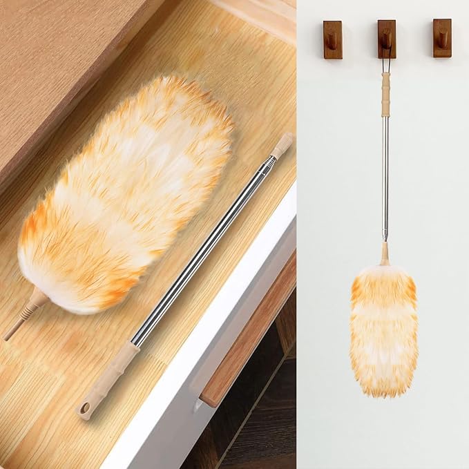 Lambswool Extendable Duster, 32-98 Inch Anti-Static Flexible Head Stainless Steel Pole for High Ceilings, Fans, Interior & Roof Dusting(one Pack)