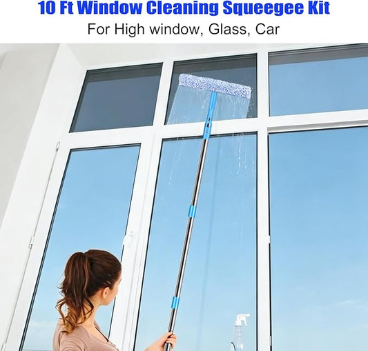 10 Feet Professional Squeegee Window Cleaner Tool with Extension Pole | Car Windshield Cleaning Kit with Long Handle, Queegee & Scrubber, Window Washing Equipment for Indoor Outdoor Windows & Glass