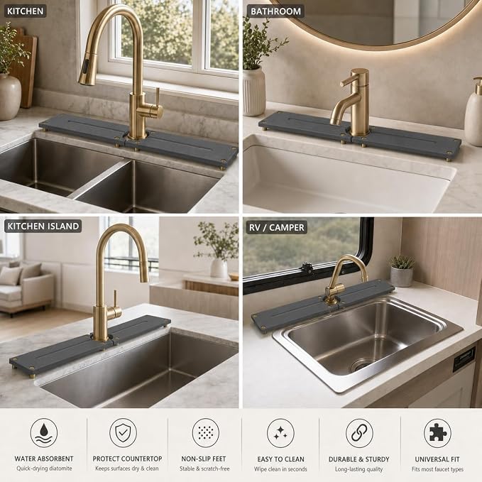 Stone Faucet Mat for Kitchen Sink, Water Absorbing Sink Tray Organizer for Bathroom Counter, Diatomite Soap Dish Coaster Caddy Riser, Sponge Holder Dispenser Mat, Gold Dark Gray, 23.6" x 4"