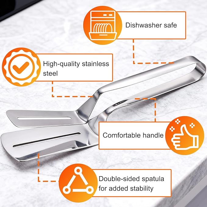 2PCS Mix Stainless Steel Grill Clamp Spatula, Multi-Functional Anti-Scald Extended Handle Spatula Tong, Barbecue Clamp Food with Non-Slip for Picking Up Food, Grilling Meat, Fish and Pancakes